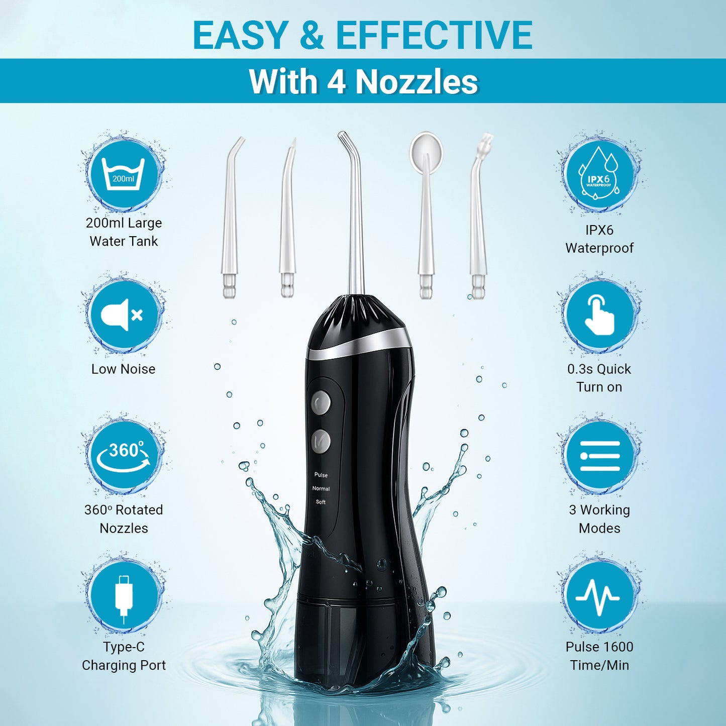 Plutlo Aqua Floss Oral Dental Water Flosser for Teeth | Black